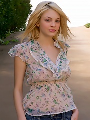 Lovely blonde Bree Daniels on the park teasing and posing in her lustry floral dress and shorts